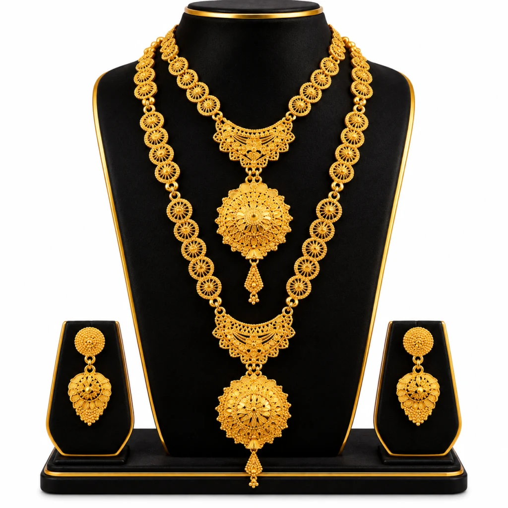 Women's Traditional Gold-Tone Long & Short Necklace Set with Matching Earrings
