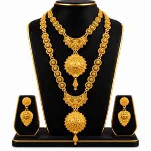 Women's Traditional Gold-Tone Long & Short Necklace Set with Matching Earrings