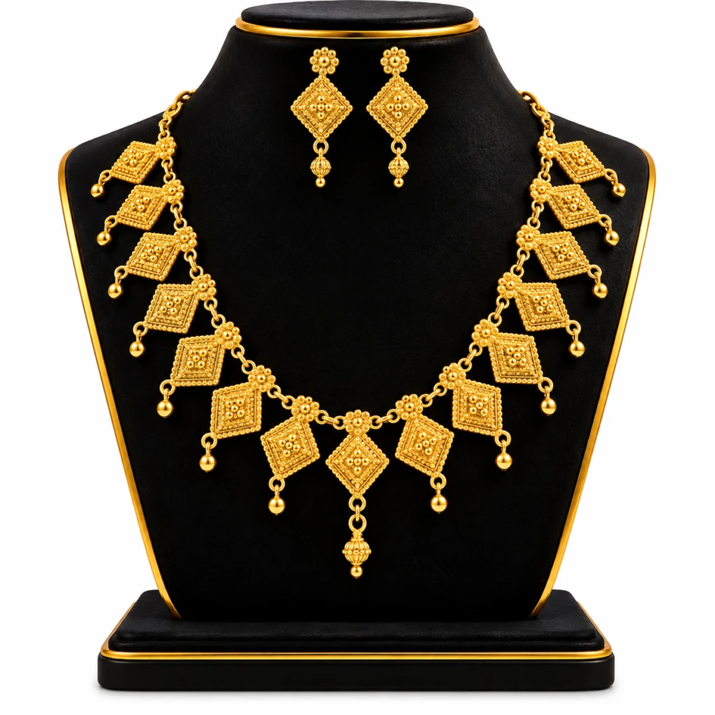 Women's Traditional Gold-Tone Diamond-Shaped Pendant Necklace Set with Matching Earrings