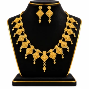 Women's Traditional Gold-Tone Diamond-Shaped Pendant Necklace Set with Matching Earrings