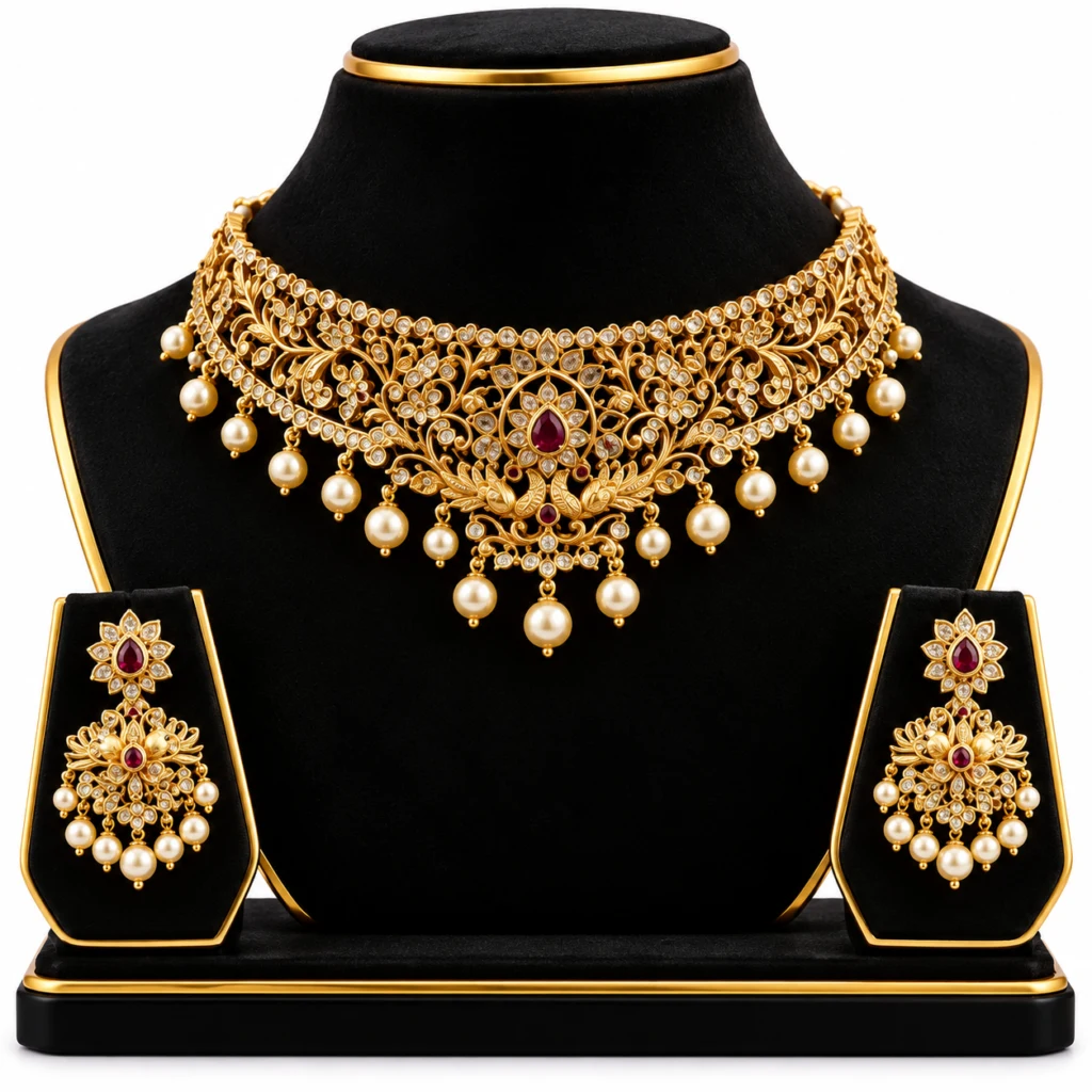 Women's Premium Gold-Tone Kundan-Style Pearl Choker Necklace Set with Matching Earrings
