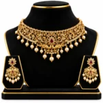 Women's Premium Gold-Tone Kundan-Style Pearl Choker Necklace Set with Matching Earrings