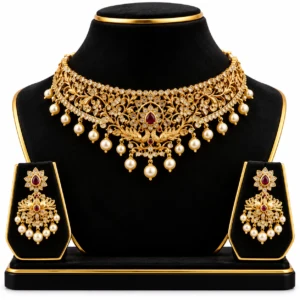 Women's Premium Gold-Tone Kundan-Style Pearl Choker Necklace Set with Matching Earrings