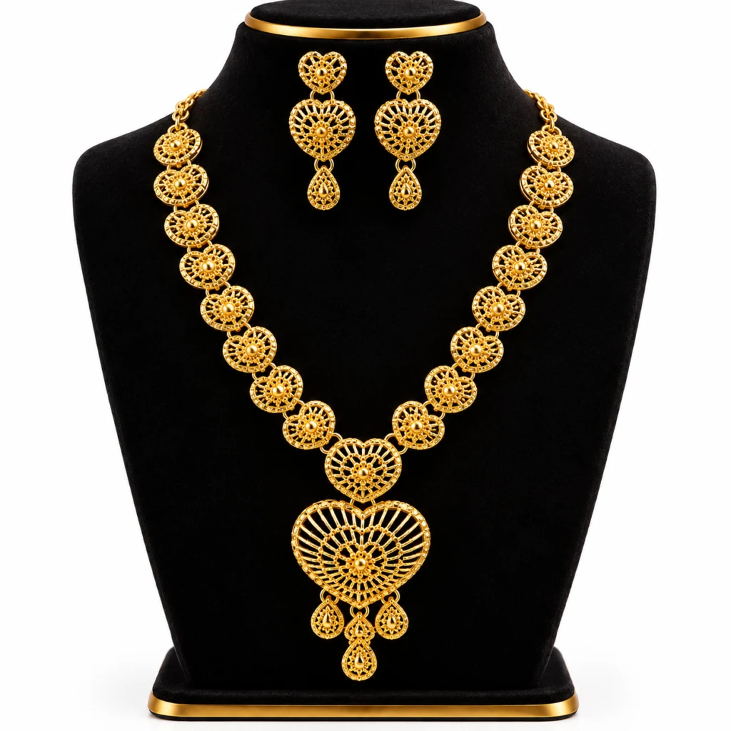 Women's Elegant Gold-Tone Filigree Heart Pendant Necklace Set with Matching Earrings