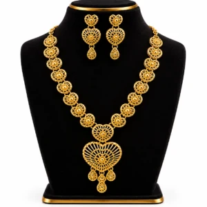 Women's Elegant Gold-Tone Filigree Heart Pendant Necklace Set with Matching Earrings