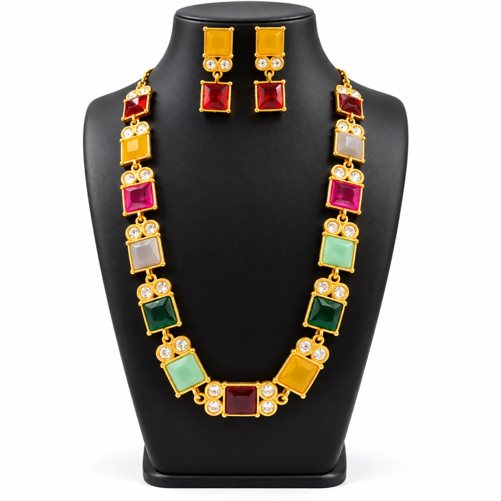 Women's Multicolor Gold-Tone Necklace & Earrings Jewellery Set – Statement Ethnic Party Wear Set