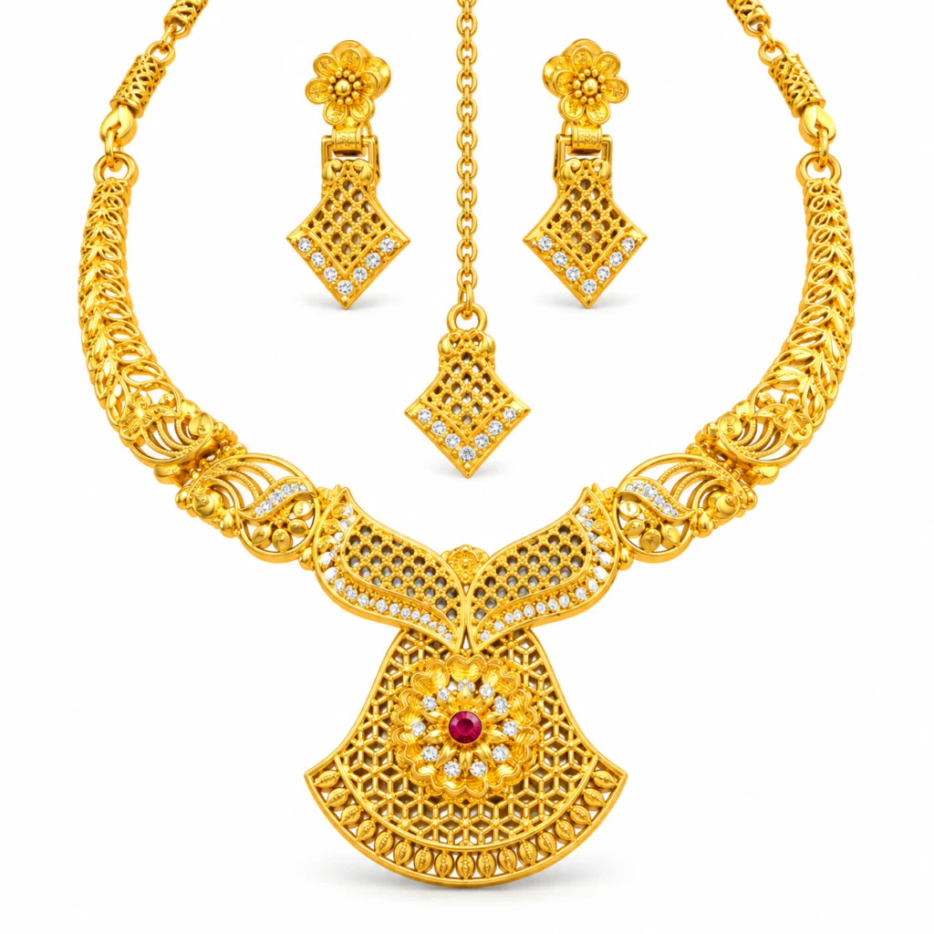 Women's Gold-Tone Traditional Necklace Set with Matching Earrings & Maang Tikka – Ethnic Wedding Jewellery Set