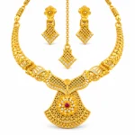 Women's Gold-Tone Traditional Necklace Set with Matching Earrings & Maang Tikka – Ethnic Wedding Jewellery Set