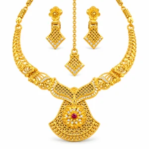 Women's Gold-Tone Traditional Necklace Set with Matching Earrings & Maang Tikka – Ethnic Wedding Jewellery Set