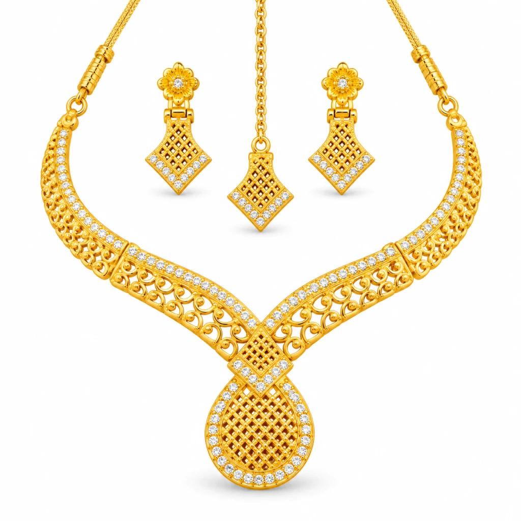 Women's Gold-Tone Traditional Necklace Set with Matching Earrings & Maang Tikka – Elegant Ethnic Jewellery Set