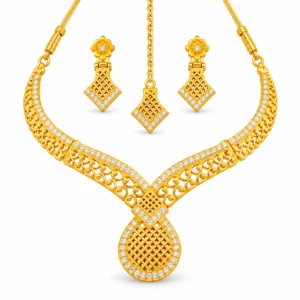 Women's Gold-Tone Traditional Necklace Set with Matching Earrings & Maang Tikka – Elegant Ethnic Jewellery Set