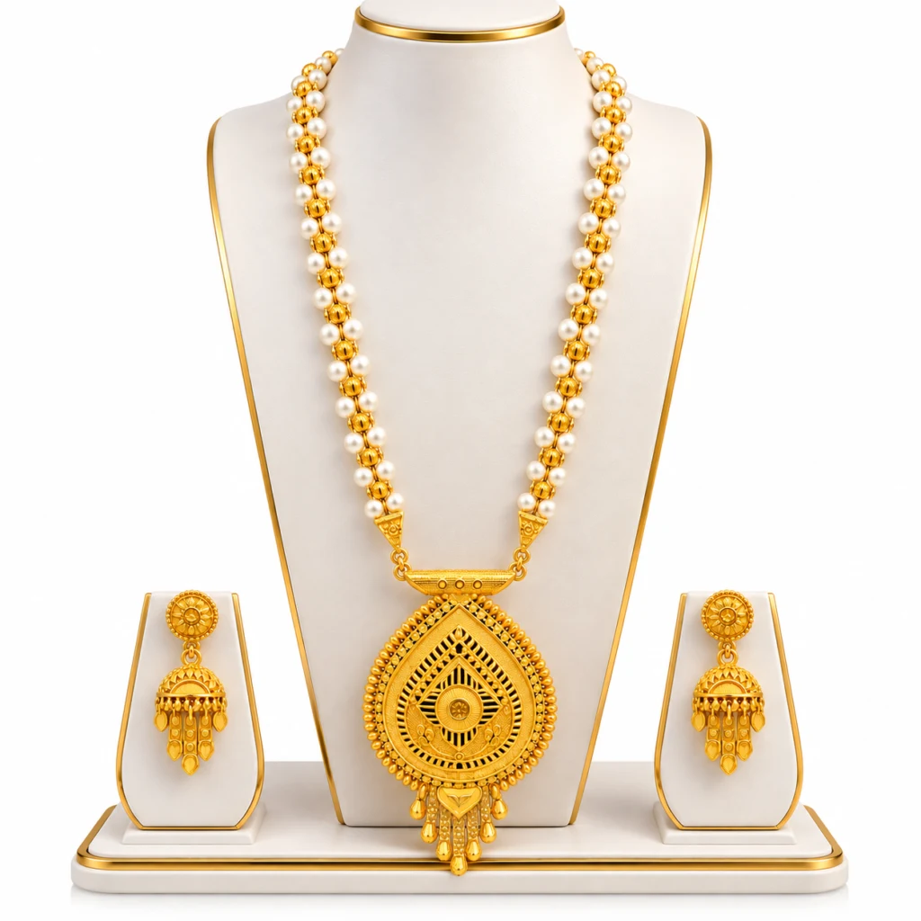 Women's Pearl Beaded Long Necklace Set with Traditional Gold-Tone Pendant & Matching Earrings