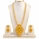 Women's Pearl Beaded Long Necklace Set with Traditional Gold-Tone Pendant & Matching Earrings