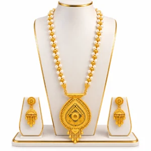 Women's Pearl Beaded Long Necklace Set with Traditional Gold-Tone Pendant & Matching Earrings
