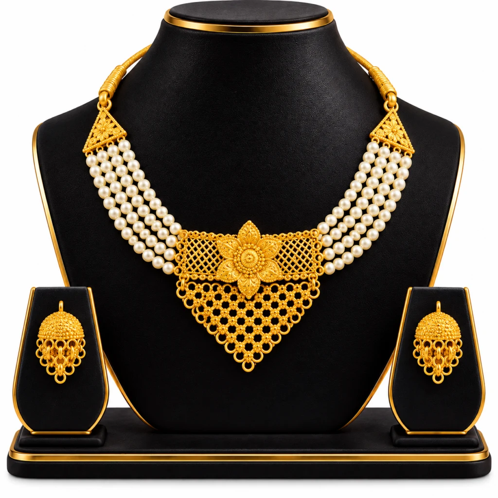 Women's Multi-Strand Pearl Necklace Set with Gold-Tone Floral Pendant & Jhumka Earrings