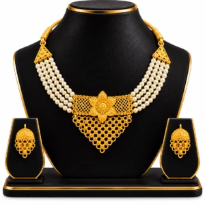 Women's Multi-Strand Pearl Necklace Set with Gold-Tone Floral Pendant & Jhumka Earrings