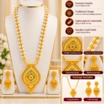 Women's Pearl Beaded Long Necklace Set with Traditional Gold-Tone Pendant & Matching Earrings