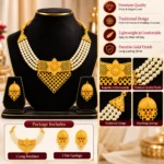 Women's Multi-Strand Pearl Necklace Set with Gold-Tone Floral Pendant & Jhumka Earrings