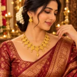 Women's Traditional Gold-Tone Diamond-Shaped Pendant Necklace Set with Matching Earrings