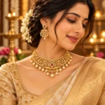 Women's Premium Gold-Tone Kundan-Style Pearl Choker Necklace Set with Matching Earrings
