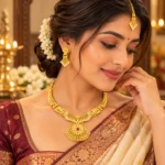 Women's Gold-Tone Traditional Necklace Set with Matching Earrings & Maang Tikka – Ethnic Wedding Jewellery Set