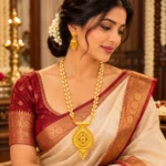 Women's Pearl Beaded Long Necklace Set with Traditional Gold-Tone Pendant & Matching Earrings