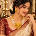 Women's Multi-Strand Pearl Necklace Set with Gold-Tone Floral Pendant & Jhumka Earrings
